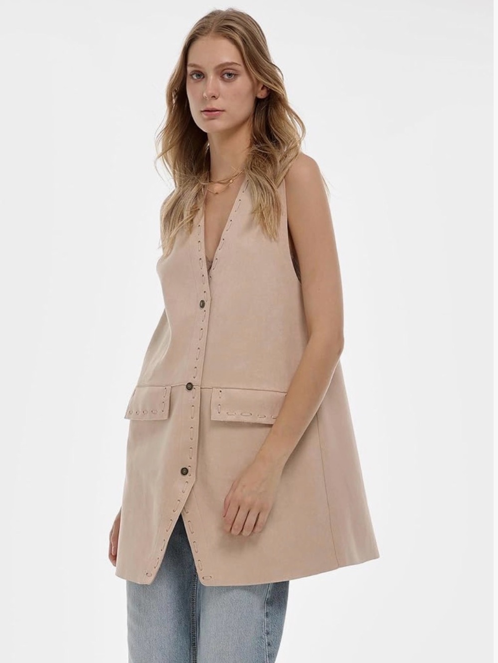 Sleeveless Beige Suede Button Front Vest - Picture 3 of 4